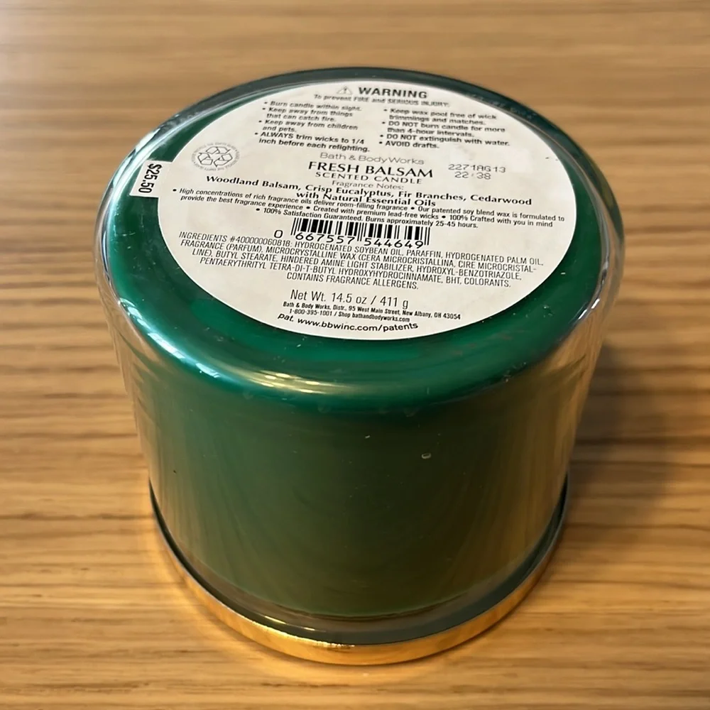 Bath & Body Works 3 Wick Candle. Fresh Balsam.